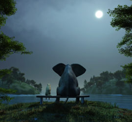 Elephant and dog meditate at summer night